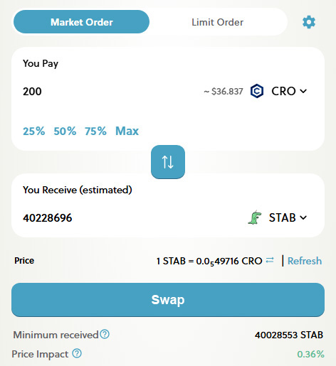 STEP 4: Swap $USDC or $CRO for $STAB